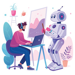Vector art of a human and a robot collaborate on a painting, using a laptop and traditional tools
