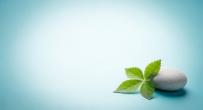 A smooth grey stone and a green leafy plant with copy space against a gradient blue background