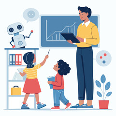 Vector art of a robot teaches children in a classroom setting, assisting the teacher with education and learning