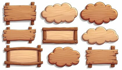 Collection of rustic wooden signs, cloud-shaped speech bubbles, perfect for adding text or images. Features natural wood texture, brown tones, cartoonish borders, ideal for graphic design elements.