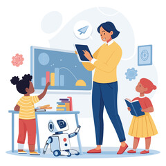 Vector art of a teacher instructs students in a classroom with a robot present, emphasizing the role of ai in modern education and fostering a love for learning