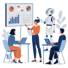 Vector art of a robot presents business data to a team of professionals during a meeting, showcasing the integration of ai in corporate strategy