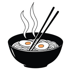 A steaming bowl of noodles with eggs and chopsticks, set against a simple white background