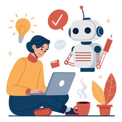 Vector art of a woman is working on her laptop with a robot assistant, brainstorming ideas and planning for the future of her business