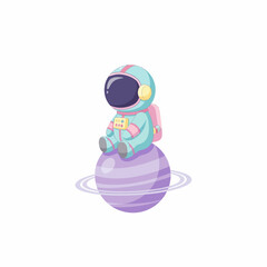 Adorable Cartoon Astronaut Sitting on a Purple Planet with Rings.