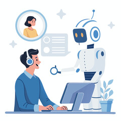 Vector art of a customer service representative interacts with a robot assistant, , showcasing the future of automated customer support solutions