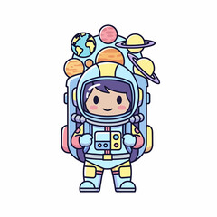 Adorable cartoon astronaut character in a colorful space suit featuring a unique planet-themed backpack smiling cheerfully.