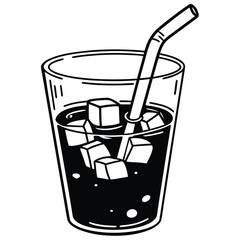 Refreshing cold beverage with ice cubes and a straw, set against a simple background