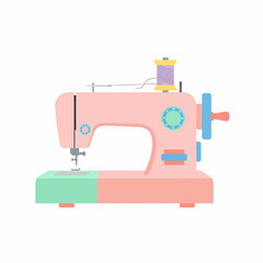 Pastel Pink Sewing Machine with Teal and Yellow Accents Flat Design.