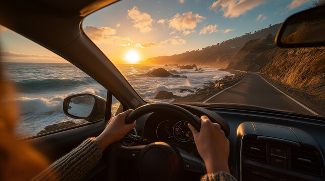Scenic coastal drive at sunset, showcasing hands on steering wheel, ocean waves crashing against rocks, and vibrant sky colors, evoking a sense of adventure and freedom