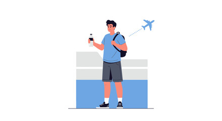 Obraz premium Preparing For Long Distance Travel: A Traveler Ready To Board The Flight With Bottle