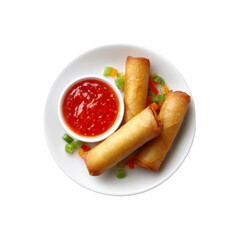 Delicious Crispy Egg Rolls with Sweet Chili Sauce, Overhead View