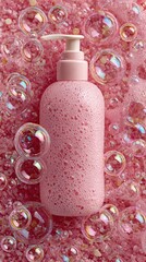 Pink pump bottle on textured pink surface with iridescent bubbles