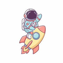 Cartoon Astronaut in Space Suit Riding a Yellow Rocket Waving Hand.