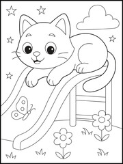 A cute and happy illustration of a cartoon cat playing at a playground. Printable coloring page for kids and adults.