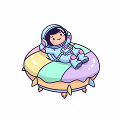 Cartoon Astronaut Relaxing on a Colorful Donut Spaceship with Rocket Boosters.