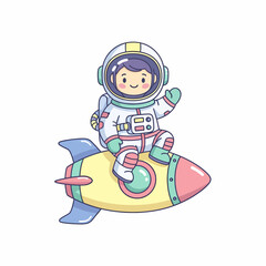 Adorable Cartoon Astronaut Riding a Colorful Rocket Ship.