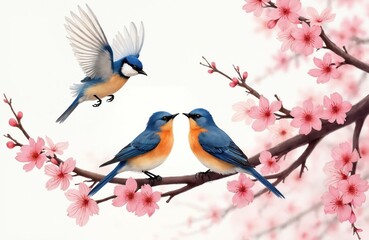 Illustration of three colorful birds, two perched on cherry blossom branch, one flying nearby. Delicate pink flowers, branches create soft, natural backdrop. Birds feature vibrant blue, orange