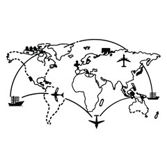 World map illustrating global transportation routes with ships and airplanes connecting continents