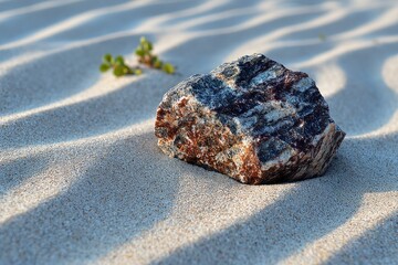 Rippled sand, sunlit, shows a dark, striated rock and small plant