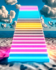 Vibrant neon stairway leading into a serene ocean with fluffy clouds above during a daytime sky