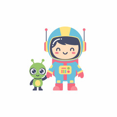Adorable cartoon astronaut in blue and yellow suit with a friendly green alien holding hands smiling.