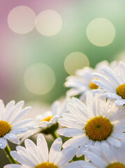 Fototapeta premium Close-up dreamy macro of delicate white daisies glowing in soft morning sunlight with blurred pastel background and cinematic bokeh, gentle floral nature scene.