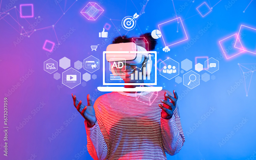 Poster a vibrant visual representation of online marketing concepts featuring a young individual using virt