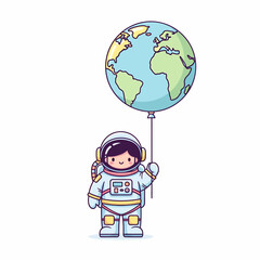 Adorable Cartoon Astronaut Holding Earth Balloon Smiling Space Exploration Concept.