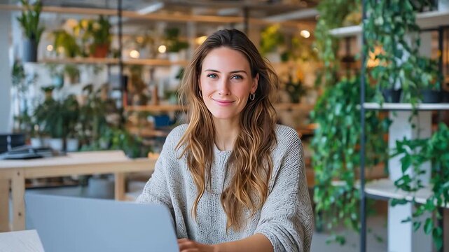 Loop video woman working on laptop in green office space for remote work and productivity