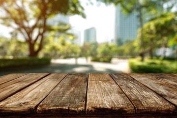 Rustic wooden surface against a blurred backdrop of a city park