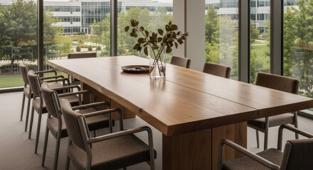Obraz premium Modern and professional conference room with a large wooden table, comfortable chairs, and expansive windows, ideal for corporate meetings.