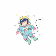 Cute Cartoon Astronaut Floating in Space with Yellow Helmet and Blue Suit.