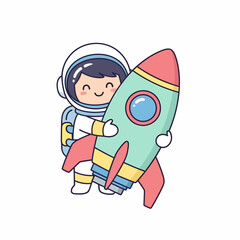 Fototapeta premium Cute Cartoon Astronaut Hugging a Colorful Rocket Ship with Joyful Expression.