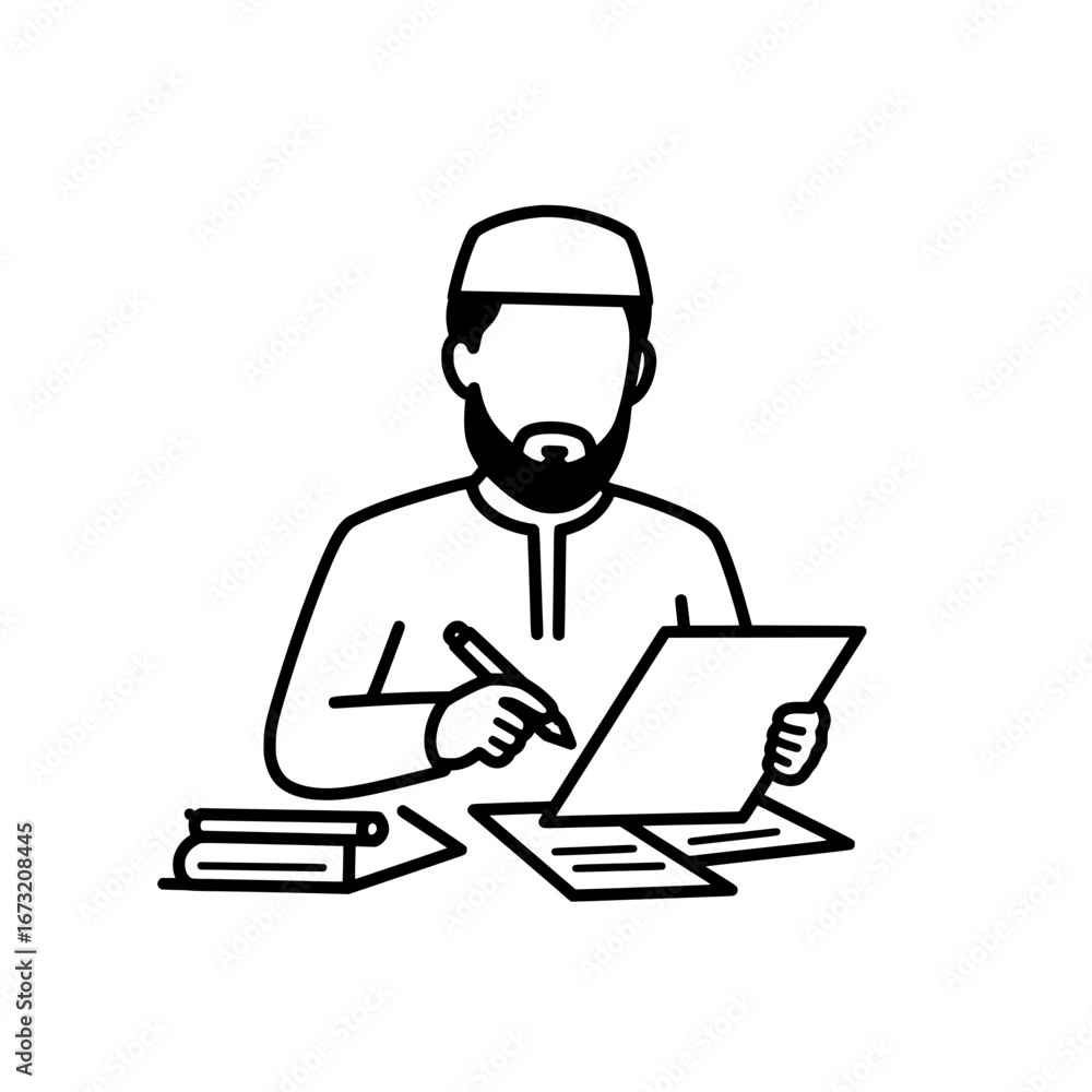 Poster man working with laptop and documents with transparent background