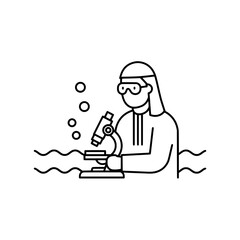 Scientist with microscope and water bubbles with transparent background