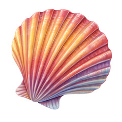 Fototapeta premium Vibrant colorful scallop seashell with fan pattern, iridescent gradient texture detailed studio shot photography png file isolated on transparent background