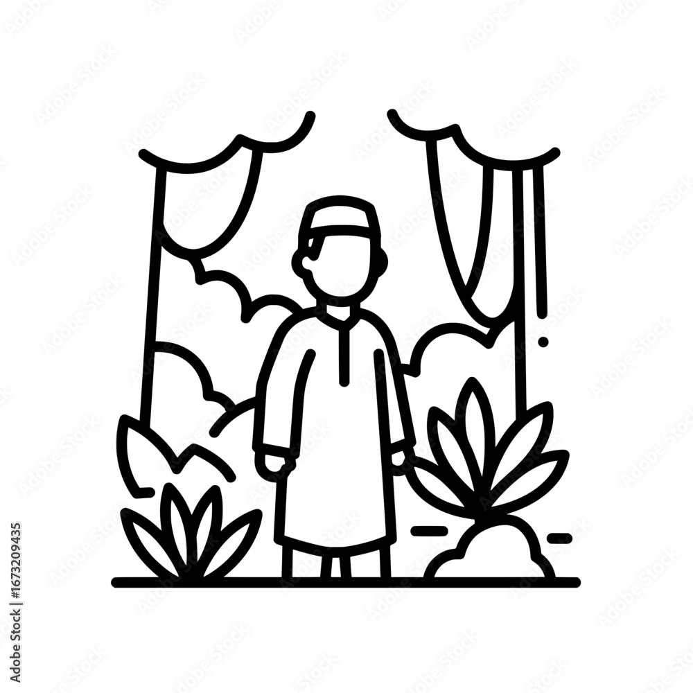 Poster man standing with plants and curtains with transparent background