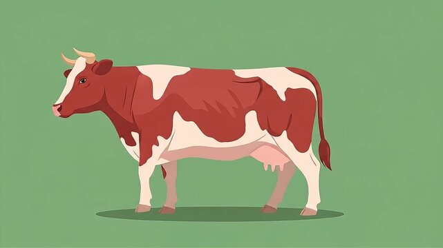 Illustrated Red and White Dairy Cow Animated Loop on Green Background.