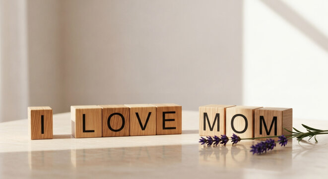 Heartfelt message 'I Love Mom' spelled with natural wooden blocks, symbolizing deep appreciation, maternal love, and cherished family bonds.