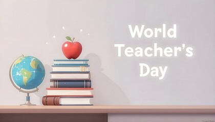 World Teacher's Day: Global Education, Books, Apple on Desk.