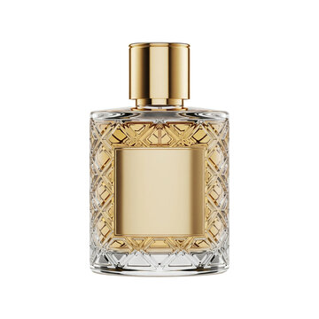 Elegant cutglass perfume bottle with an ornate gold frame polished cap and blank label Transparent PNG