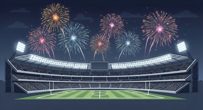 Spectacular festive firework display illuminating a grand sports stadium during a nighttime championship celebration