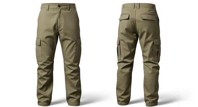 Men's khaki cargo pants with multiple pockets, shown from the front and back, isolated on a pure white background for fashion mockups