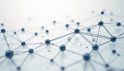 Abstract illustration of interconnected nodes, lines forming network structure. Features dark blue spheres connected by thin grey lines on clean white, minimalistic background. Evokes concepts of