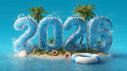 2026 water text on a tropical island with palm trees, splashes, and a lifebuoy. Summer vacation concept for the new year.