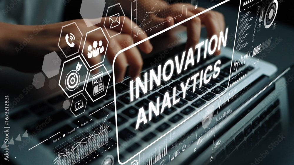 Poster innovative analytics concept with hands typing on a laptop in a digital environment. asymptotic smar