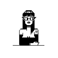 Stylized pixel portrait of a woman with long hair, bold cat-eye sunglasses, and visible tattoos. Strong attitude and fashion-forward look in classic monochrome pixel art.