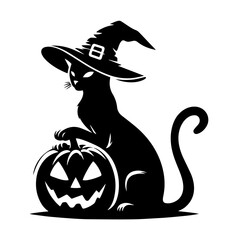 Black & white vector silhouette of a halloween cat with pumpkin on white background