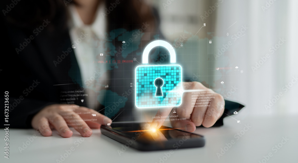 Poster cyber security protects against breaches, hacks, and network attacks using strong infrastructure and